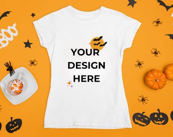 Halloween Shirt Mockup, Short Sleeve White Shirt PNG (Digital File)