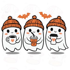 May include: Three cartoon ghosts wearing orange beanies, each holding a beverage with a heart design. One ghost holds a mug, another a to-go cup with a straw, and the third a to-go cup. Two orange bats are above the ghosts.
