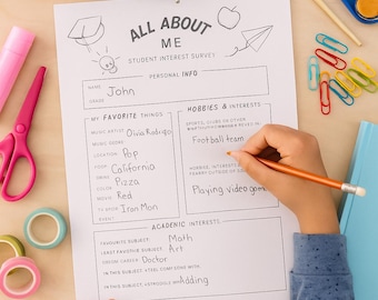 All About Me Activity Sheet, Back to School, Student Interest Survey (Digital Download)