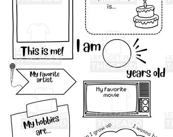 May include: A printable "All About Me" worksheet for kids. The worksheet has sections for a photo, birthday, age, favorite artist, favorite movie, hobbies, and what they want to be when they grow up.