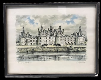 Original Chambord Château Drawing – Signed Vintage Ink & Wash Artwork | French Architectural Wall Art