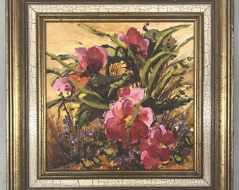 Original 1974 Floral Still Life Oil Painting: Impressionist Flowers, Framed Canvas Art