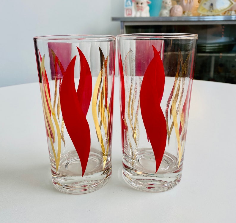 Vintage 1960s Tom Collins Glasses Red and Gold Flames MCM Etsy
