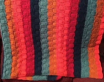 Retro Multicolored Homeknit Afghan Blanket Throw