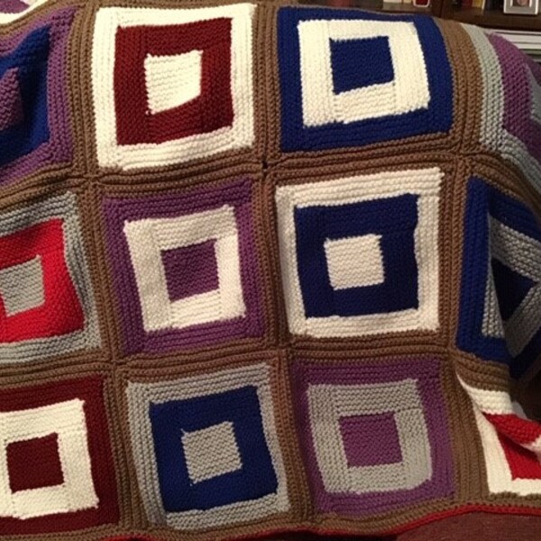 Homeknit Multicolored Log Cabin Squares Afghan Blanket