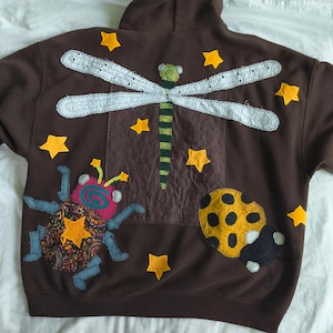 Upcycled Patchwork 2XL Brown Hoodie Sweatshirt Sewn Dragonfly Boho Nature Outdoor Bug Insect Whimsy ladybug twee star butterfly