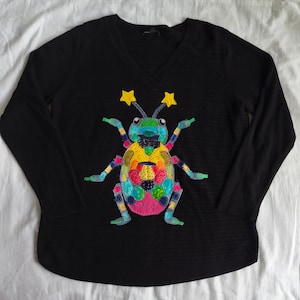 Upcycled Patchwork Large Women's Rainbow Beetle Bug Knit Sweater Cozy Whimsy Whimsical Insect Top gorpcore stars v-neck granola black color