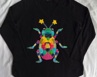 Upcycled Patchwork Large Women's Rainbow Beetle Bug Knit Sweater Cozy Whimsy Whimsical Insect Top gorpcore stars v-neck granola black color