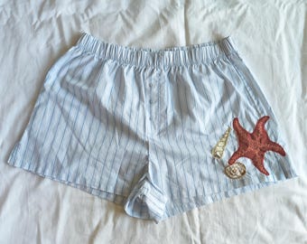 Upcycled Patchwork Large Women's Pajama Boxer Shorts Sewn PJ Nature Whimsy Whimsical cotton starfish shell sea ocean coastal nautical stripe