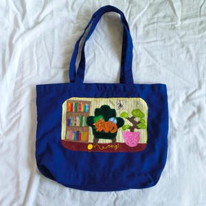 Upcycled Patchwork Tote Bag Blue Cozy Cat Couch Bookshelf Room Yarn Plant Eclectic Reworked Sewn Handmade book library purse whimsy twee