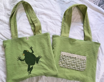 Upcycled Patchwork Green Frog Tote Bag Shoulder Purse Button Patchwork Sewn Whimsy Whimsical cottage handmade pastel bug slug repurposed