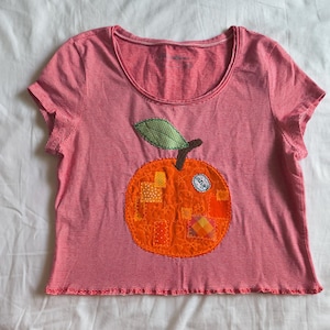 Upcycled Patchwork Small Women's tee top shirt Orange juice Fruit Vegetable Garden whimsy applique colorful whimsical twee striped red star