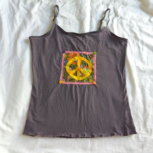 Upcycled Patchwork Large Women's Tank Top shirt stretchy pj pajama Grey Oversized Whimsy Whimsical Peace Sign button twee floral hippie 70s