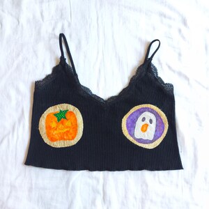 Upcycled Patchwork Medium Women's Tank Top Cropped Black Lace Halloween Autumn Pumpkin Cookie Ghost Fall whimsy Whimsical jack-o'-lantern