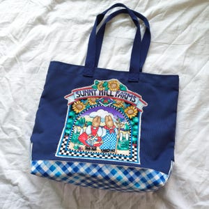 Upcycled Gingham Bunny Garden Tote Bag Shoulder Purse Patchwork Sewn Whimsy Whimsical cottage handmade blue floral Sunflower Vegetable