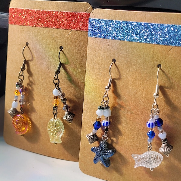 Ocean Charm Beaded Dangle Earrings | Fish Shell Star Charm Beaded Earrings | Glass Beaded Earrings | Beach Ocean Beaded Charm Earrings