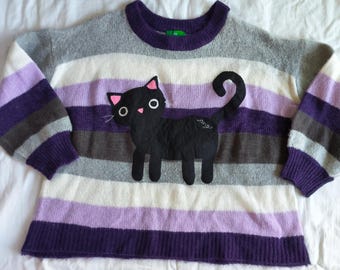 Upcycled Patchwork Large Women's Sweater Cat Black Striped Longsleeve Shirt Top Oversize Cozy Whimsy Whimsical grunge whimsigoth purple