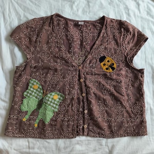Upcycled Patchwork Large Women's Brown Crop Button up shirt Ladybug Dragonfly Bug Insect Whimsy twee Moth Whimsical great divide butterfly
