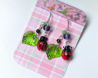 Ladybug Leaf Beaded Glass Dangle Earrings | Handmade Jewelry | Insect Bug | fairycore cottagecore bugcore nature spring fall fairy whimsy