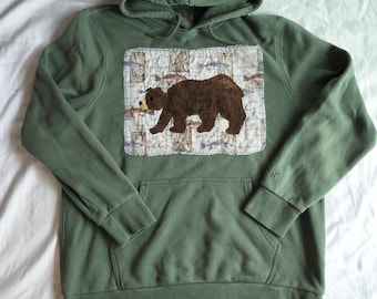 Upcycled Patchwork Men's X-Large Thrifted Sweatshirt Green Hoodie Brown Bear corduroy Forest Nature Outdoors Gorpcore gingham fish trout
