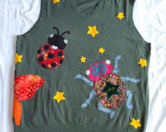 Upcycled Patchwork 4XL Tall Green Sweater Vest Knit Sewn Dragonfly Boho Nature Outdoor Bug Insect Whimsy ladybug twee star butterfly granola