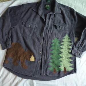 Upcycled Patchwork Men's X-Large Jacket Coat Oversized Thrifted Brown Bear Forest Tree Cozy Nature Outdoors Gorpcore camp pnw button granola