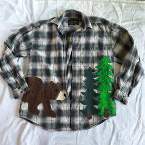 Upcycled Patchwork Small Men's Flannel Jacket Shirt Thrifted Brown Bear Forest Tree Nature Outdoors Gorpcore granola fleece plaid green