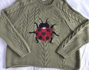 Upcycled Patchwork 2XL Women's Lady Bug Knit Sweater Green Top Shirt Polka Dot Sewn Nature Whimsy Whimsical Insect gorpcore granola twee