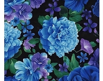 Blumen auf Schwarz Premium Baumwollstoff 1/2 Yard gepackt