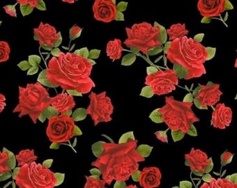 Rote Rosen auf schwarzem Premium Baumwollstoff 1/2 Yard