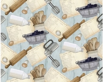 Blackberry Recipe Print Cotton Fabric, Culinary Theme (1/2 yard)