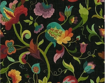 May include: A black background with a repeating pattern of colorful floral designs. The flowers are in shades of red, orange, yellow, green, blue, and purple. The design is intricate and detailed, with swirling vines and leaves.
