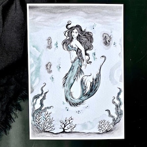 Sea Witch Giclée Art Print 5&quot;x7&quot;/Unframed/ Mermaid Art Print/ Gothic Wall Decor/ Gothic Home Decor/ Dark Art Print/ Watercolor