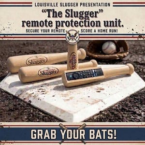 May include: Three light-colored wooden baseball bat-shaped remote control holders with the Louisville Slugger logo. One holder is upright, two are horizontal, and one contains a black remote. Text reads: Louisville Slugger Presentation The Slugger remote protection unit. Secure your remote score a home run! Grab your bats!