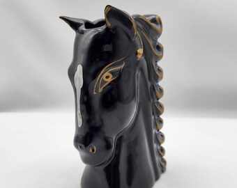 Black Stallion White Stripe Curled Mane Vintage MCM Horse Head Vase 6" Red Clay