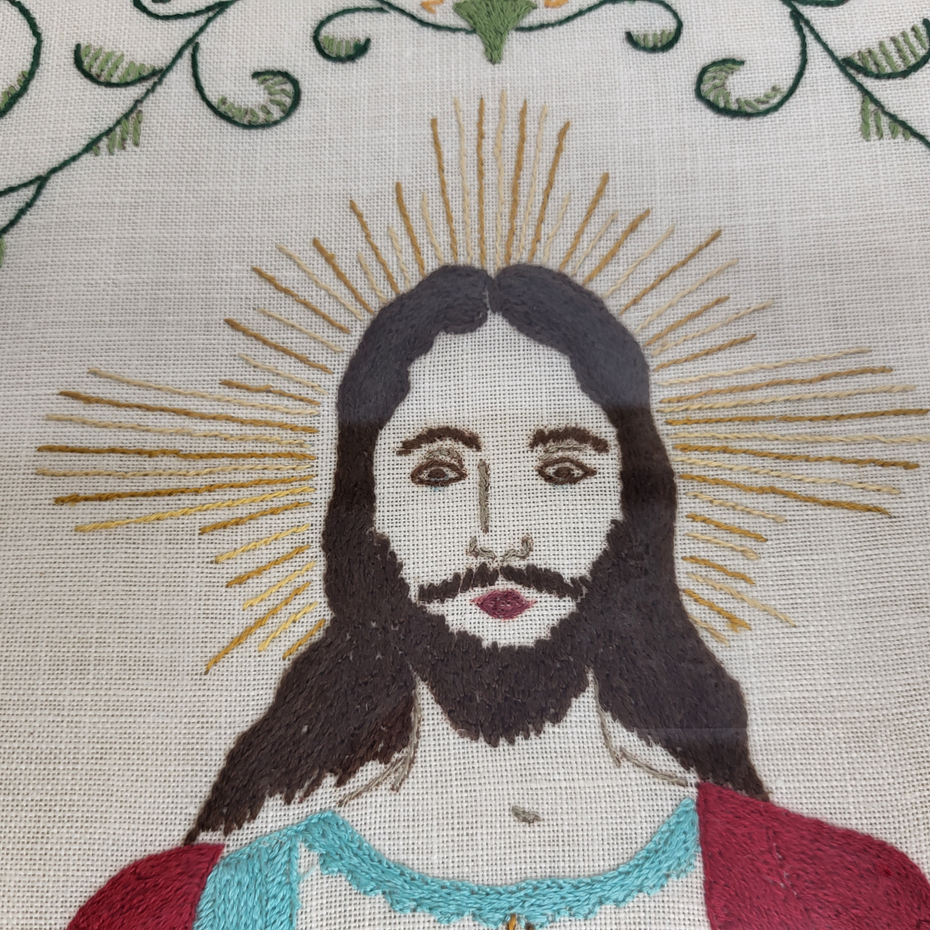 Vintage Sacred Heart of Jesus Embroidery in Vintage Frame T Eaton Co Canada 12x16 READY TO HANG