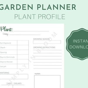 Printable Garden Planner, Printable Plant Profile, Planting Guide, Instant Download