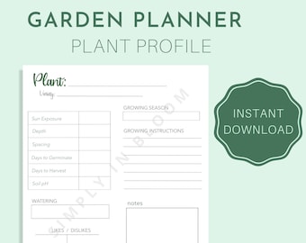 Printable Garden Planner, Printable Plant Profile, Planting Guide, Instant Download