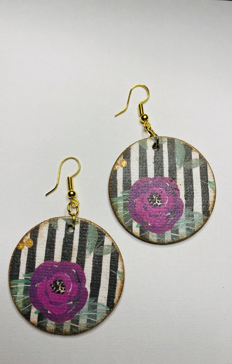 Wood floral decoupage earrings lightweight wood earrings Etsy