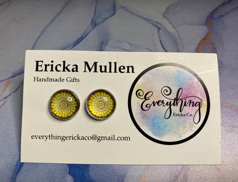 cabochon earrings Yellow mandala pattern studs stainless steel posts.
