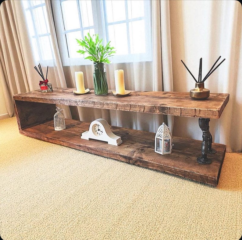 Handcrafted Rustic Solid Wood TV Stand / Media Unit • Industrial Metal Pipe Legs • Reclaimed Wood • Made-to-Measure, Handmade in the UK image 2