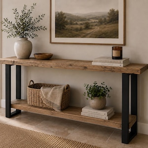 May include: A long console table featuring two thick, natural wood planks supported by black metal U-shaped legs. The table holds a ceramic vase with greenery, a wooden bowl, books, and a woven basket containing a folded beige textile.