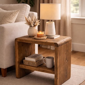 May include: A wooden side table with a lower shelf, holding a woven basket with books and a mug. A lamp with a cream shade and a candle sit on top, along with a small vase with dried flowers. The table is next to a beige sofa.