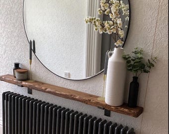 Handmade Solid Wood Radiator Shelf with Raw Steel Brackets • Rustic Wall Shelf Ledge • Custom Sizes & Finishes • 12 cm Deep • UK Made