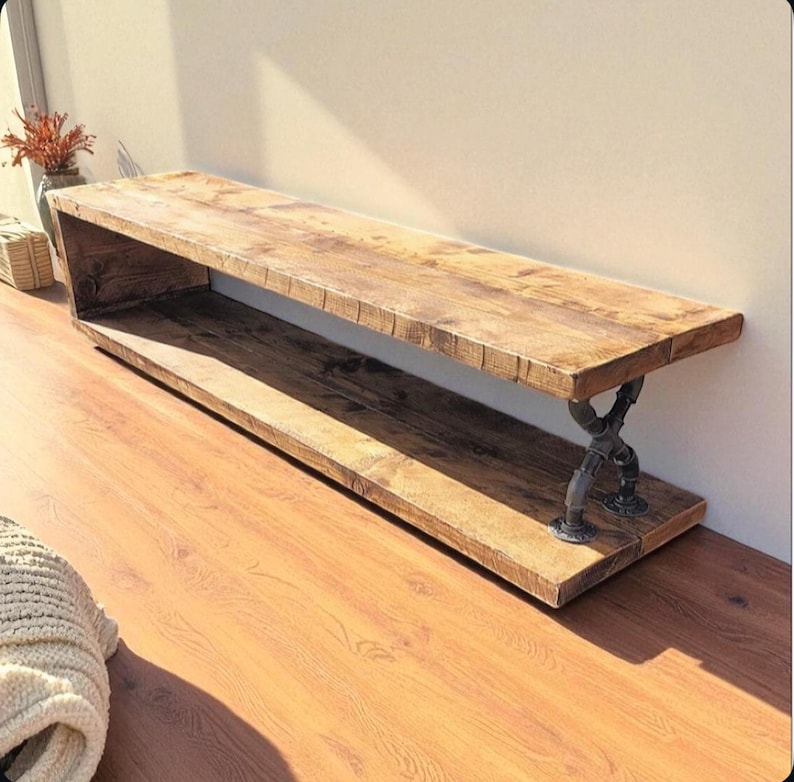 Handcrafted Rustic Solid Wood TV Stand / Media Unit • Industrial Metal Pipe Legs • Reclaimed Wood • Made-to-Measure, Handmade in the UK image 3