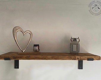 Rustic Farmhouse Shelf | Solid Wood shelving | Raw Steel Brackets | 22cm Deep | Handcrafted Straight Edge | Wall Shelf