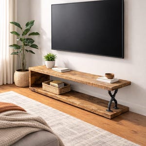 Handcrafted Rustic Solid Wood TV Stand / Media Unit • Industrial Metal Pipe Legs • Reclaimed Wood • Made-to-Measure, Handmade in the UK image 1