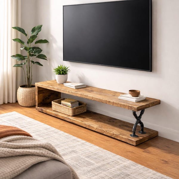 Handcrafted Rustic Solid Wood TV Stand / Media Unit • Industrial Metal Pipe Legs • Reclaimed Wood • Made-to-Measure, Handmade in the UK