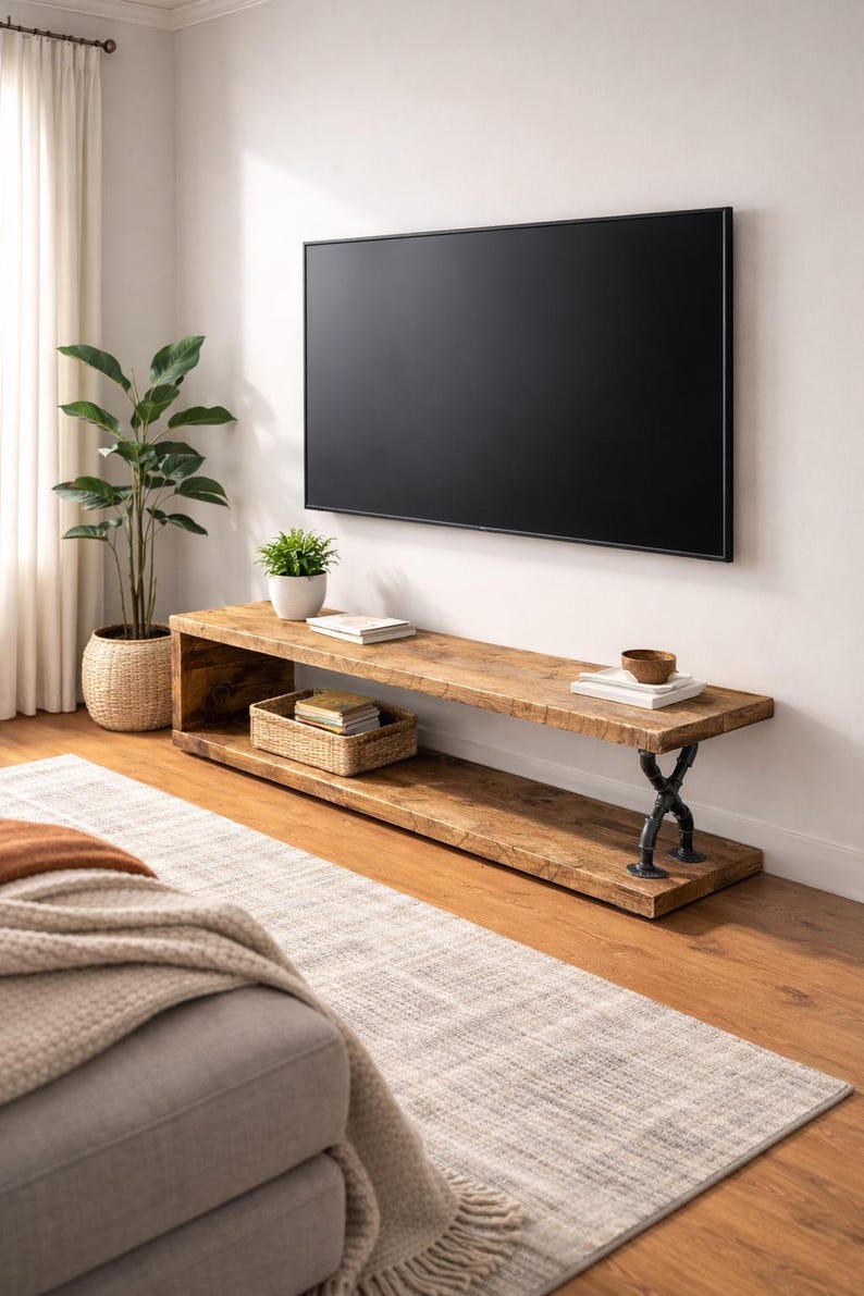 Handcrafted Rustic Solid Wood TV Stand / Media Unit • Industrial Metal Pipe Legs • Reclaimed Wood • Made-to-Measure, Handmade in the UK image 1