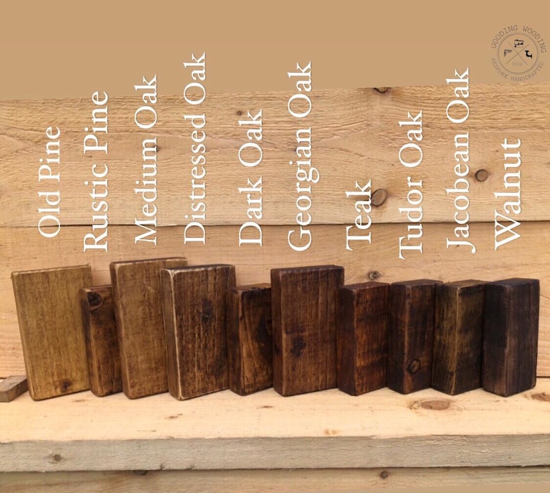 May include: Ten wood stain samples in various shades of brown, including Old Pine, Rustic Pine, Medium Oak, Distressed Oak, Dark Oak, Georgian Oak, Teak, Tudor Oak, Jacobean Oak, and Walnut.